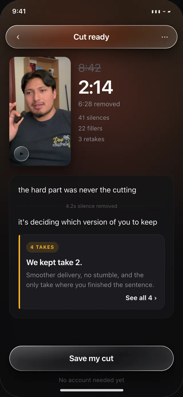 The finished cut, 2:14 from 8:42, with no account required yet