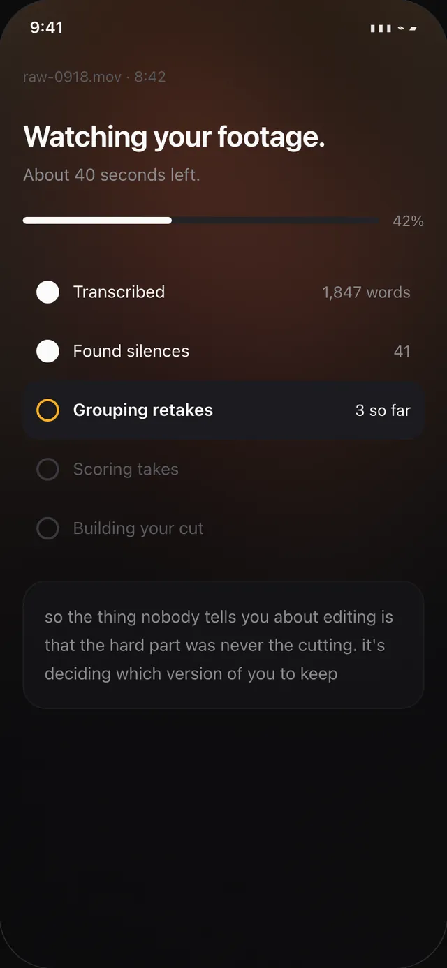 reely processing a video, showing the transcript, silences found and retakes being grouped